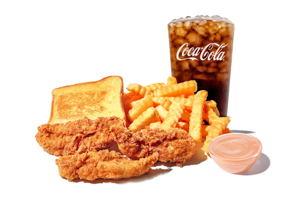 Zaxby's Big Zax Snak® Meal, featuring crispy chicken tenders, crinkle fries, a slice of Texas Toast, and your choice of dipping sauce.