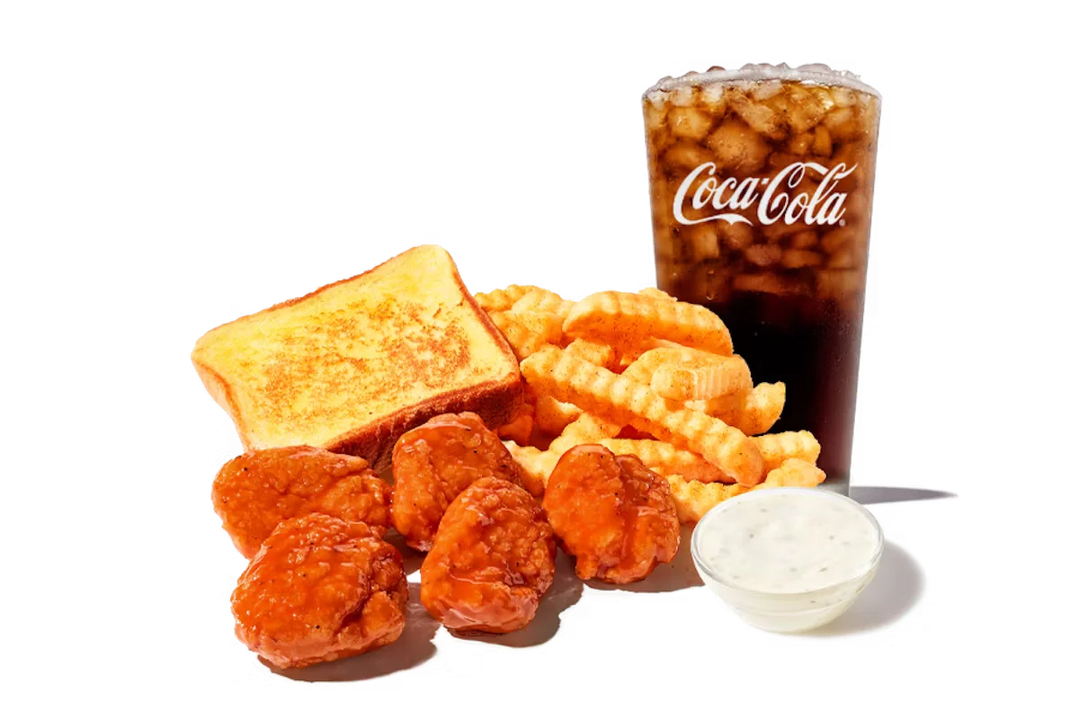 Zaxby's Boneless Wings Meal, featuring crispy boneless wings, crinkle fries, Texas Toast, and your choice of dipping sauce.