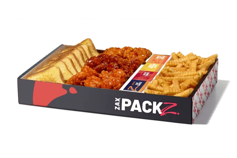 Zaxby's Boneless Wings Zax Packz with crinkle fries, Texas toast, and ranch sauce