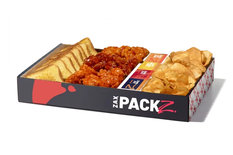 Zaxby's Boneless Wings Zax Packz with Tater Chips, featuring 30 boneless wings, seasoned Tater Chips, 4 slices of Texas Toast, and 4 dipping sauces.