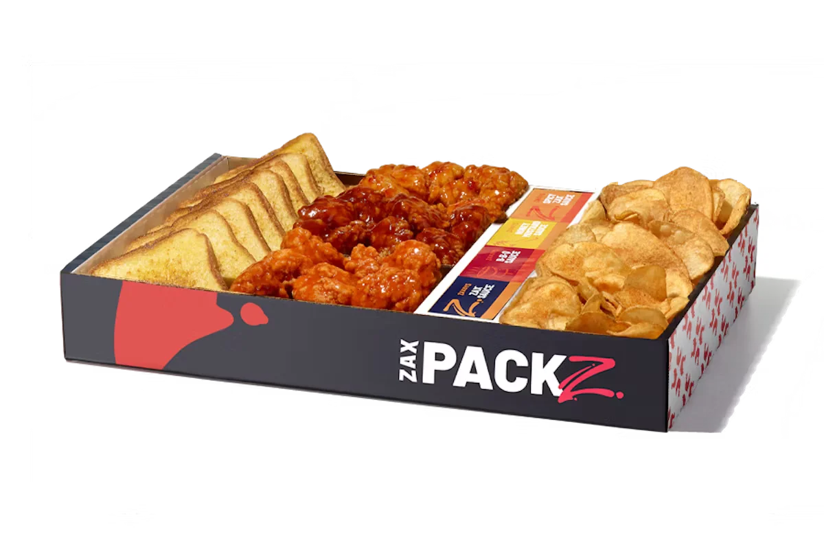 Zaxby's Boneless Wings Zax Packz with Tater Chips, featuring 30 boneless wings, seasoned Tater Chips, 4 slices of Texas Toast, and 4 dipping sauces.