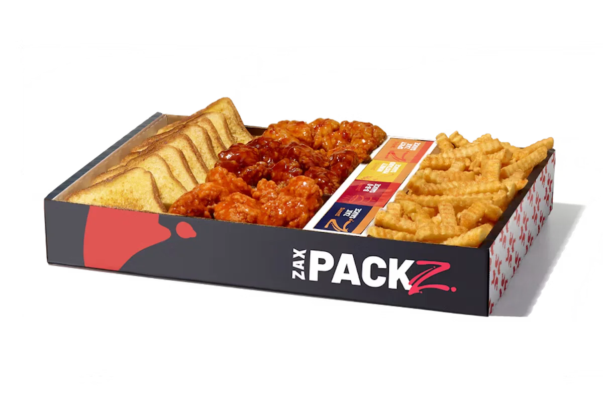 Zaxby's Boneless Wings Zax Packz with crinkle fries, Texas toast, and ranch sauce