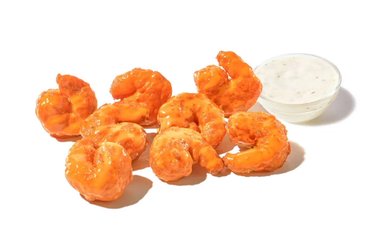 Zaxby's Buffalo Shrimp, featuring crispy shrimp tossed in spicy buffalo sauce, served with your choice of dipping sauce.