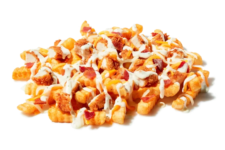 Zaxby's Chicken Bacon Ranch Loaded Fries, featuring crinkle-cut fries topped with crispy fried chicken, cheddar jack cheese, bacon, and ranch dressing.
