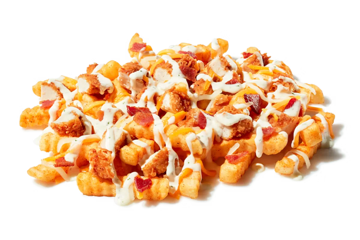 Zaxby's Chicken Bacon Ranch Loaded Fries, featuring crinkle-cut fries topped with crispy fried chicken, cheddar jack cheese, bacon, and ranch dressing.