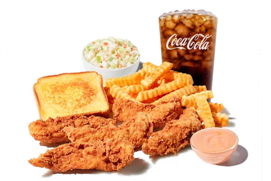 Zaxby's Chicken Finger Plate, featuring crispy chicken fingers served with fries, toast, and dipping sauce.