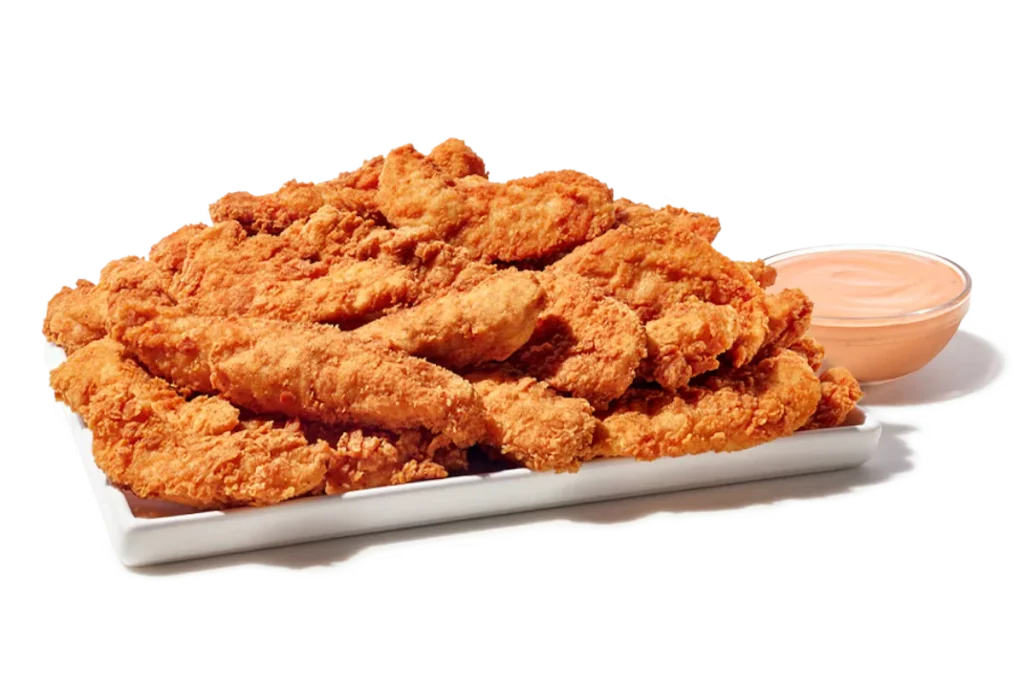 Zaxby's Chicken Fingerz™ Platter, featuring hand-breaded chicken fingers served with Zax Sauce® and sides of fries and Texas Toast.