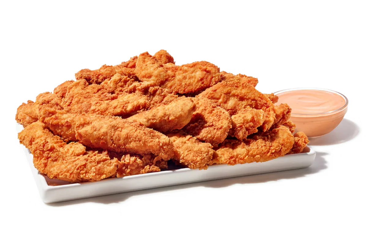 Zaxby's Chicken Fingerz™ Platter, featuring hand-breaded chicken fingers served with Zax Sauce® and sides of fries and Texas Toast.