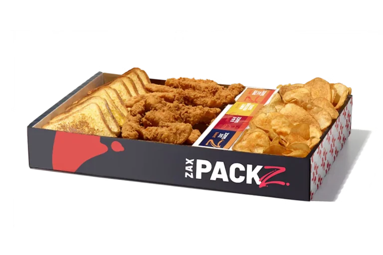 Zaxby's Chicken Fingerz™ & Tater Chips Zax Packz, featuring 20 hand-breaded Chicken Fingerz™, Tater Chips, 4 slices of Texas Toast, and 4 dipping sauces.