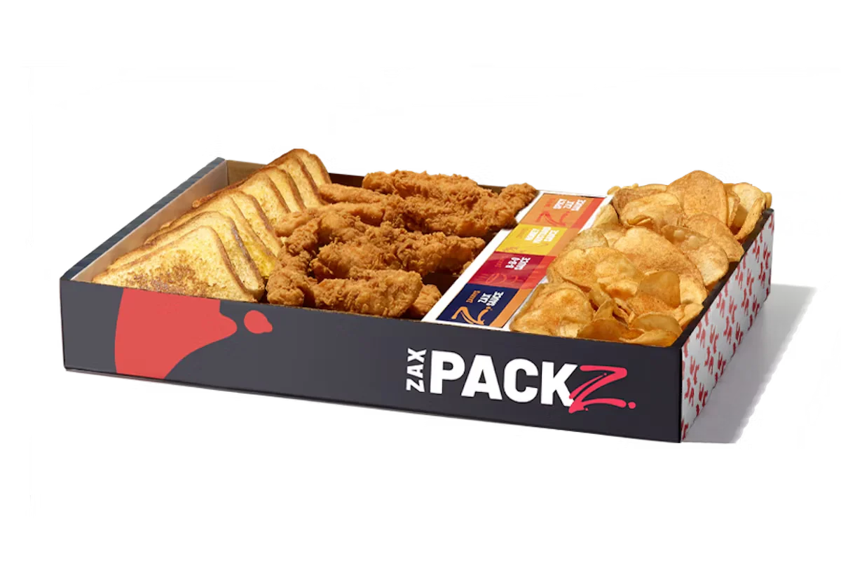 Zaxby's Chicken Fingerz™ & Tater Chips Zax Packz, featuring 20 hand-breaded Chicken Fingerz™, Tater Chips, 4 slices of Texas Toast, and 4 dipping sauces.