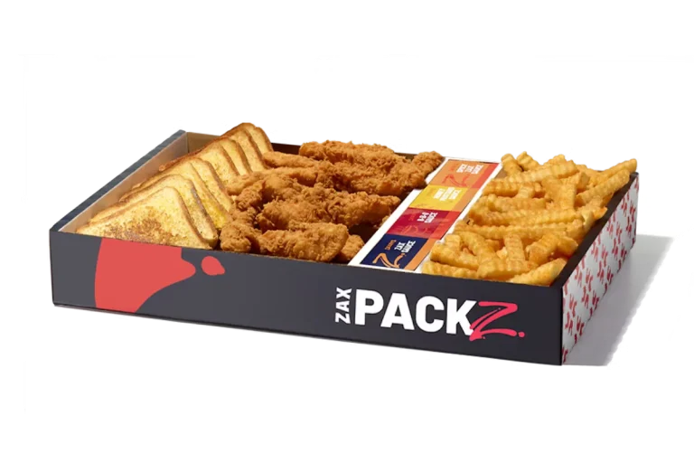 Zaxby’s Chicken Fingerz™ Zax Packz with Chicken Fingerz™, Crinkle Fries, and Zax Sauce®.
