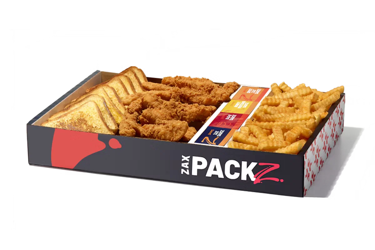 Zaxby’s Chicken Fingerz™ Zax Packz with Chicken Fingerz™, Crinkle Fries, and Zax Sauce®.
