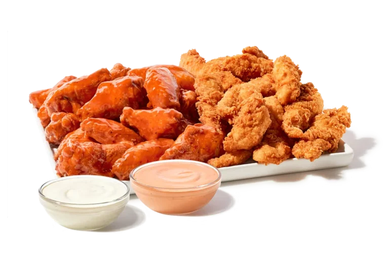 Zaxby's Chicken Fingerz™ and Traditional Wings Zampler Platter, featuring 20 hand-breaded Chicken Fingerz™ and 20 traditional wings tossed in your choice of sauce, served with Zax Sauce® and Ranch dipping sauces.