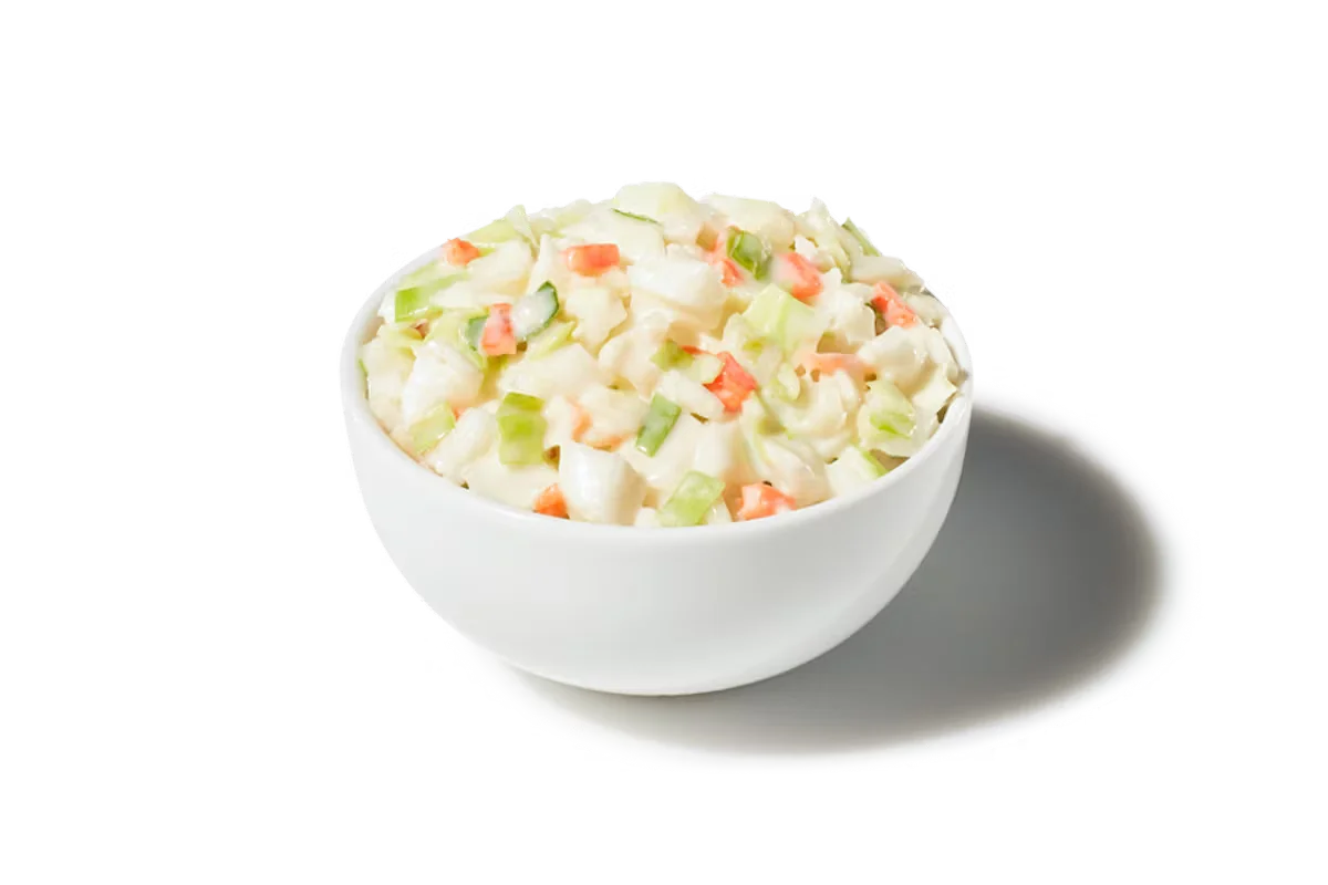 Zaxby's Coleslaw – Cup, featuring creamy coleslaw with freshly diced cabbage and carrots, served in a convenient cup.