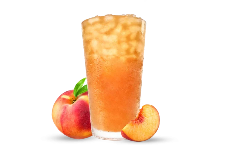 Zaxby's Handcrafted Peach Sweet Tea, a sweet iced tea infused with peach flavor, served ice-cold for a refreshing drink.