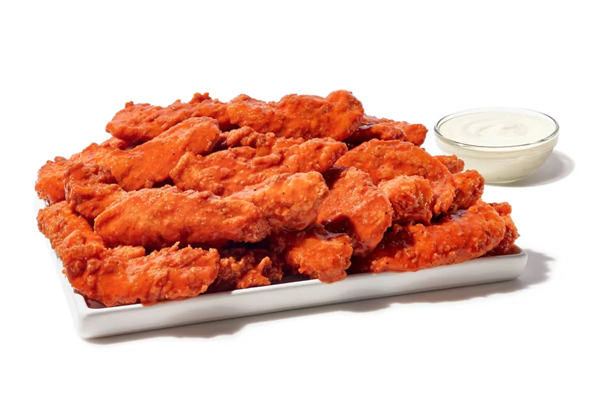 Zaxby's Sauced Fingerz™ Platter, featuring 40 hand-breaded Chicken Fingerz™ tossed in your choice of sauce, served with Ranch.