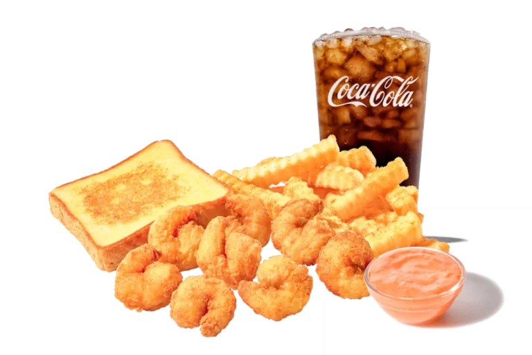 Zaxby’s Southern Fried Shrimp Meal featuring golden fried shrimp, crispy crinkle fries, Texas Toast, and Zax Sauce for dipping.