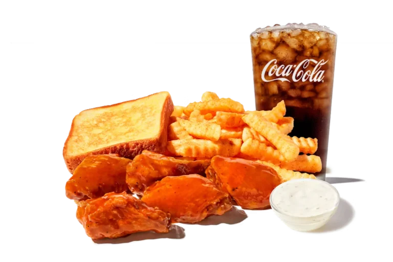 Zaxby's Traditional Wings Meal, featuring crispy traditional wings served with crinkle fries, Texas Toast, and your choice of dipping sauce.