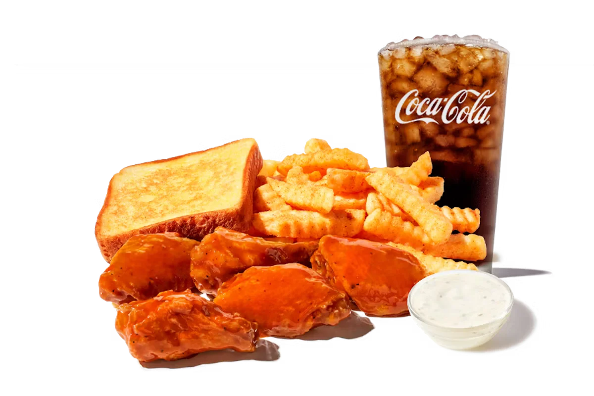 Zaxby's Traditional Wings Meal, featuring crispy traditional wings served with crinkle fries, Texas Toast, and your choice of dipping sauce.