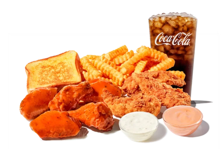 Zaxby's Wings & Things Meal, featuring crispy wings, chicken fingers, crinkle fries, Texas Toast, and your choice of dipping sauce.
