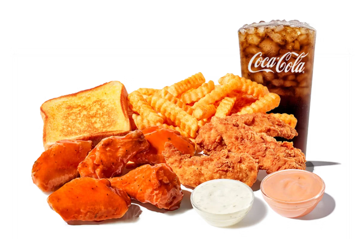 Zaxby's Wings & Things Meal, featuring crispy wings, chicken fingers, crinkle fries, Texas Toast, and your choice of dipping sauce.