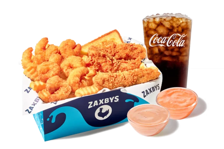 Zaxby's ZaxSeas Surf & Turf Meal, featuring Southern Fried Shrimp and Chicken Fingerz served with Zaxtail Sauce, Texas Toast, and crinkle fries.