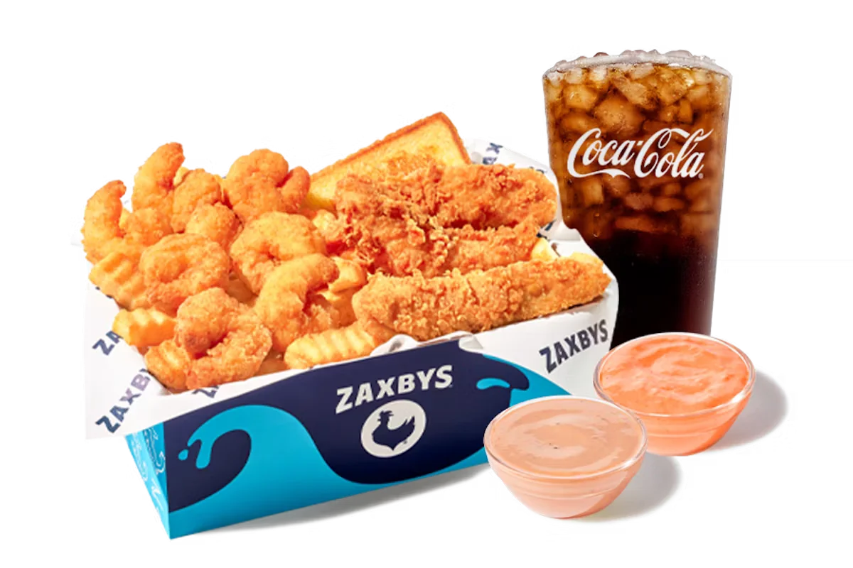 Zaxby's ZaxSeas Surf & Turf Meal, featuring Southern Fried Shrimp and Chicken Fingerz served with Zaxtail Sauce, Texas Toast, and crinkle fries.